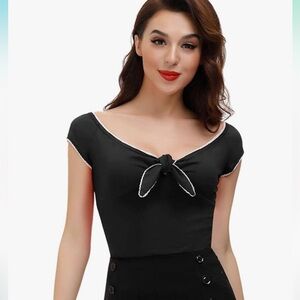 Women's Vintage Off Shoulder Tops Short Sleeve Bow-Knot Tee Shirts Black Size L